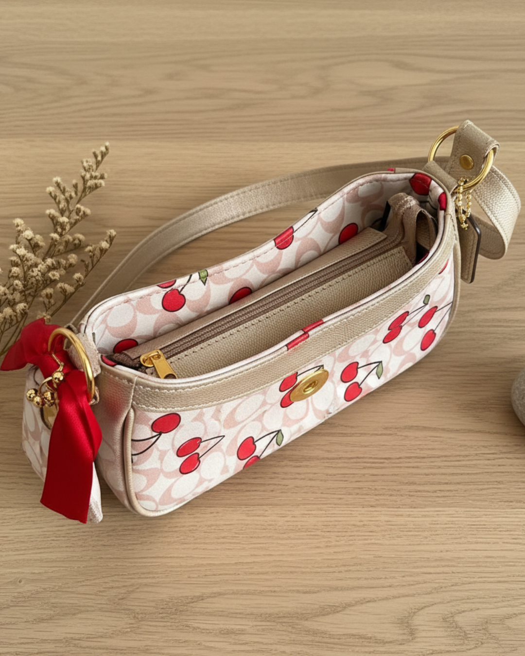 Bolso Estampado Cerezas fondo beige– Cuero Sintético